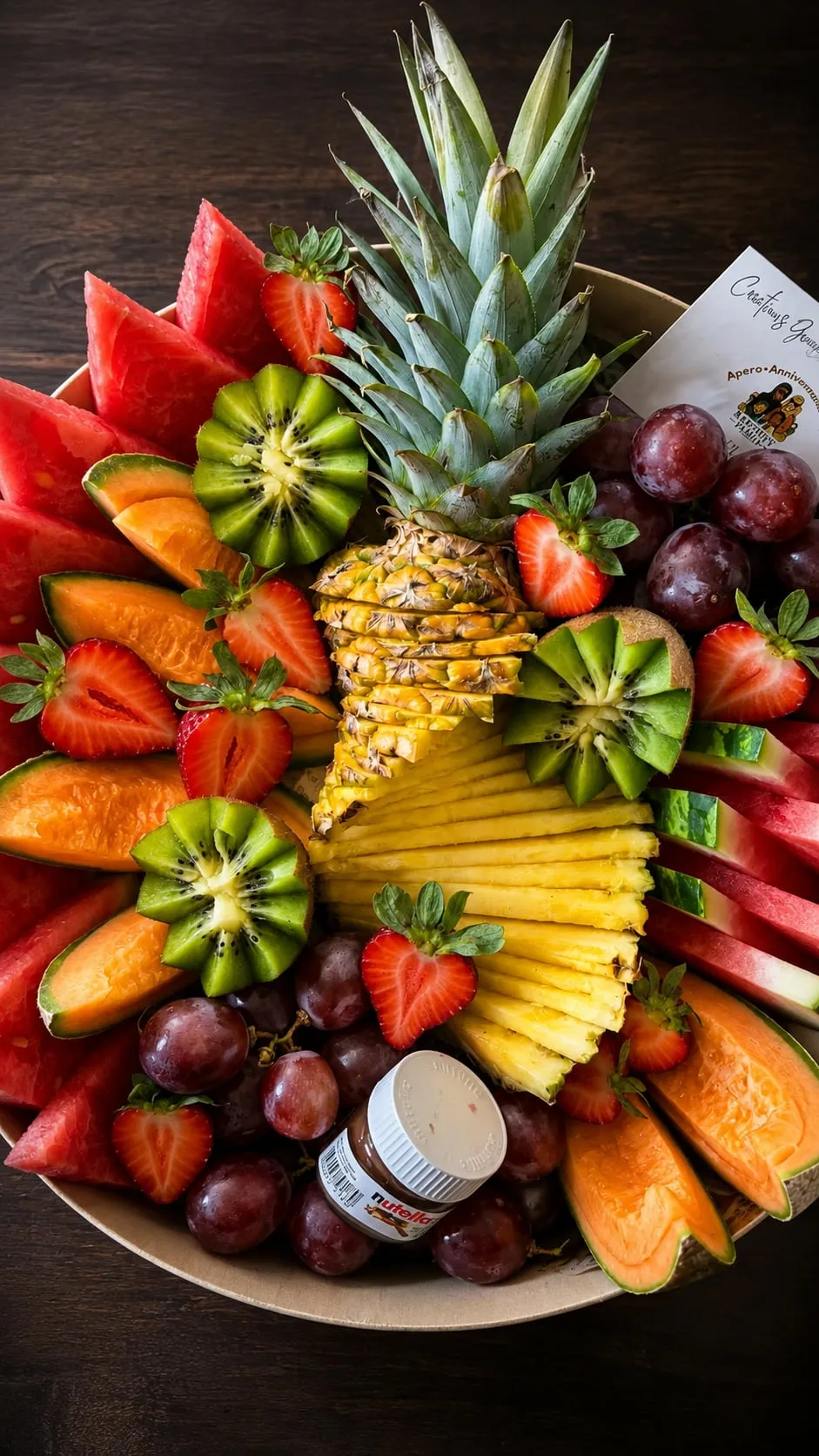 Plateau de fruits frais découpés et présentés en boîte ronde