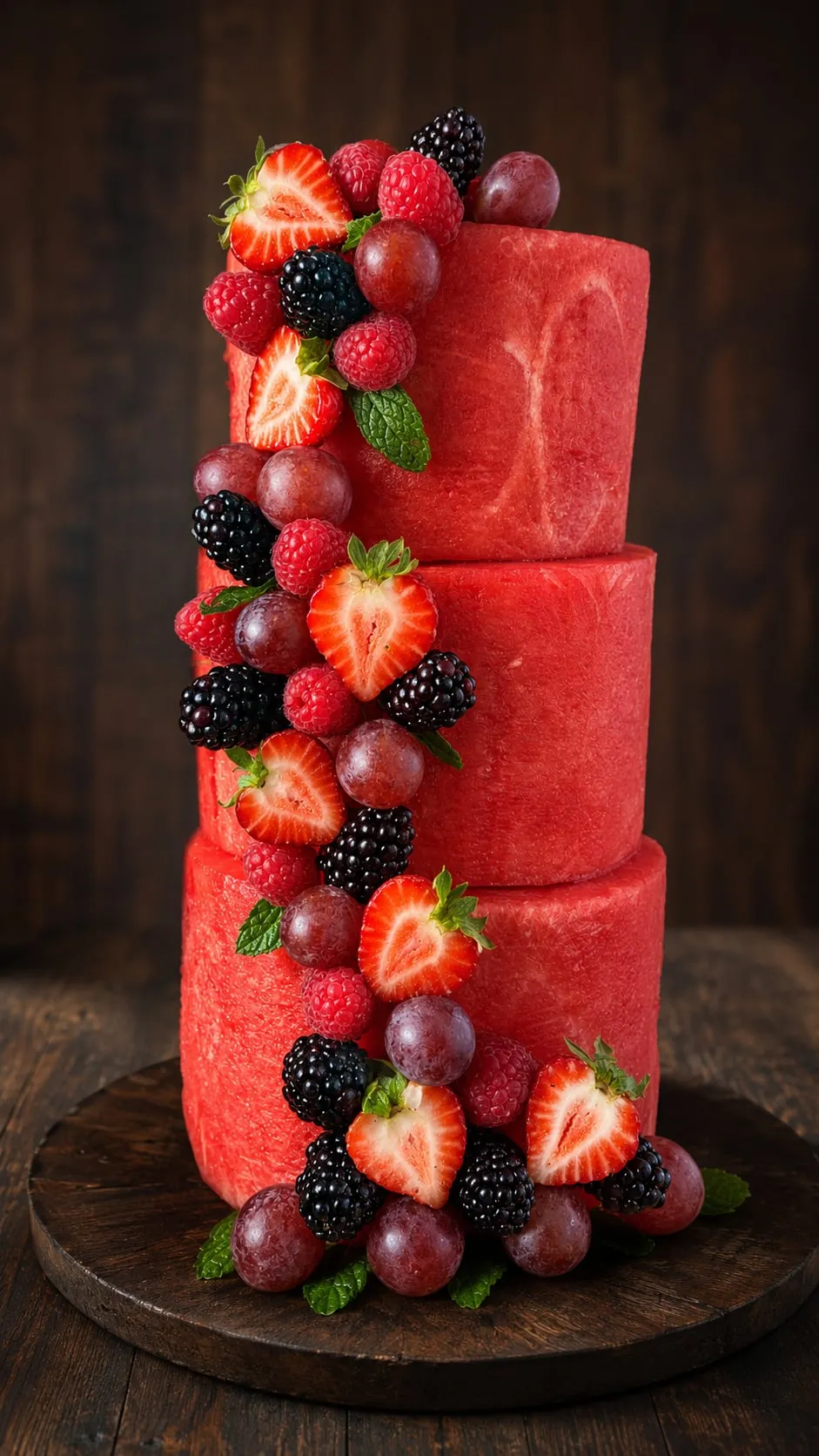 Gâteau de pastèque décoré de fraises, mûres et myrtilles